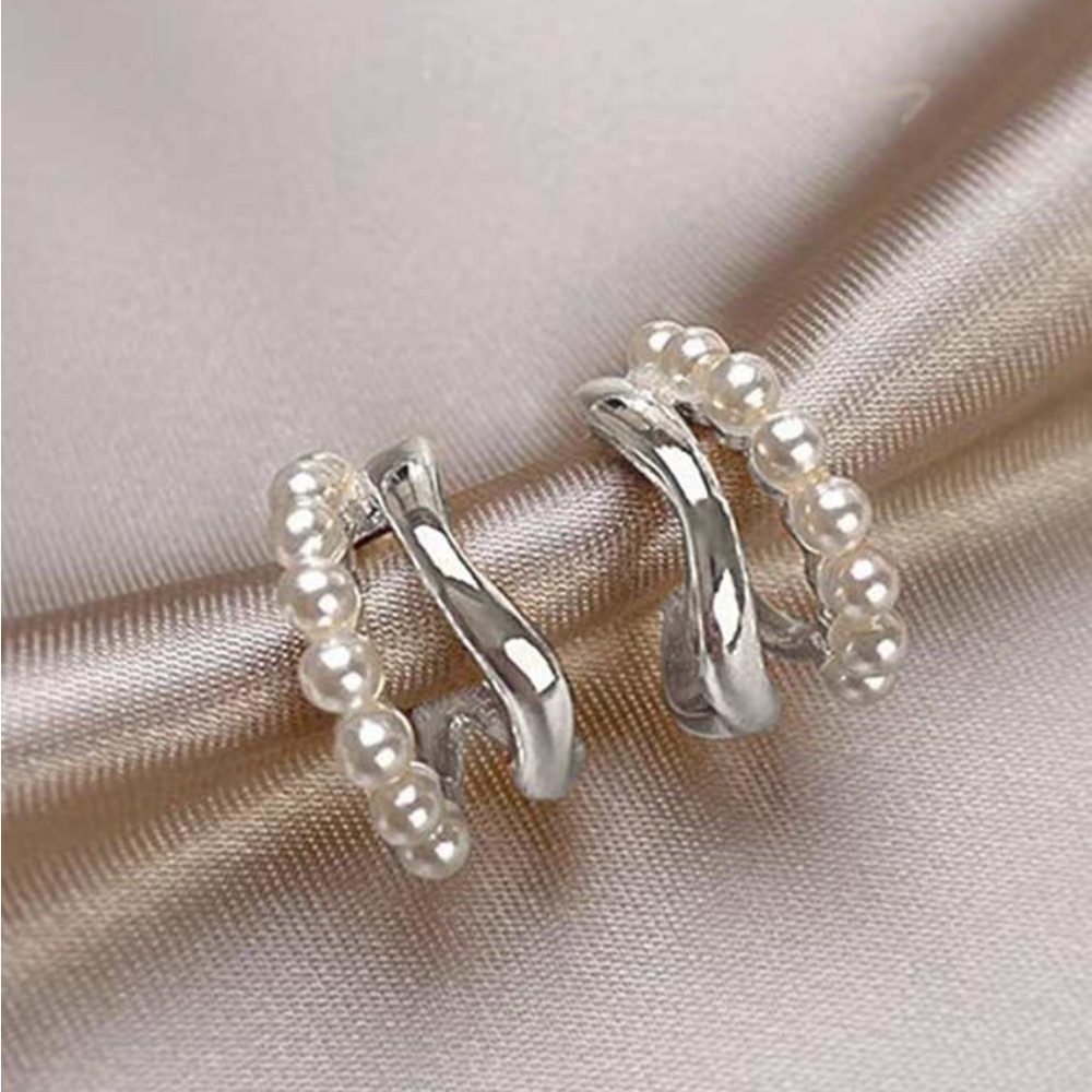 Silver and Cream Hoop Earrings with Pearl Embellishments